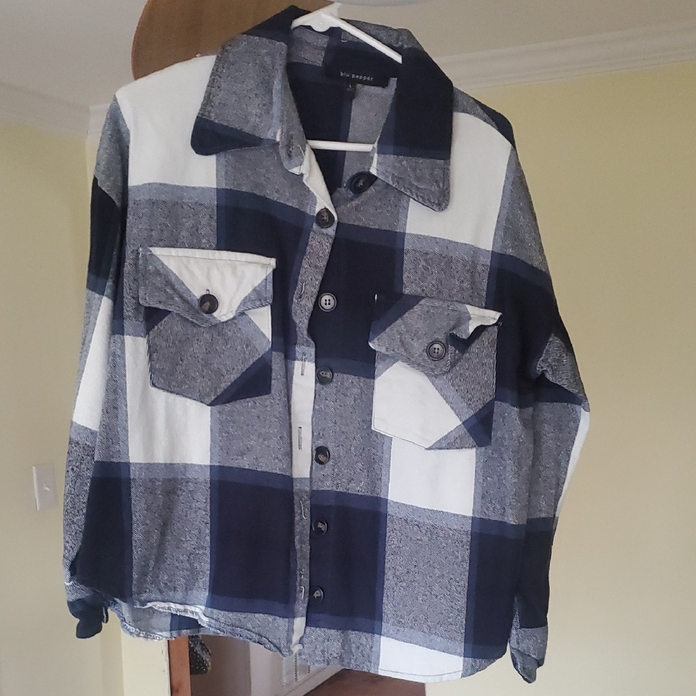 Navy Blue and White Plaid Button-Up Shirt